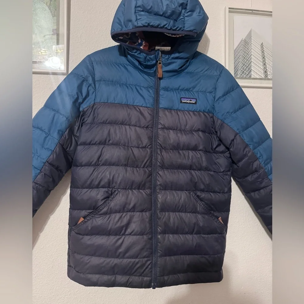 Patagonia Blue and Brown Puffer Jacket with Geometric Design